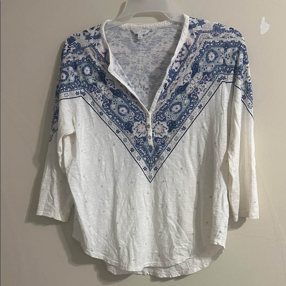 Lucky Brand White Long-Sleeve Henley with Blue Paisley V-Yoke